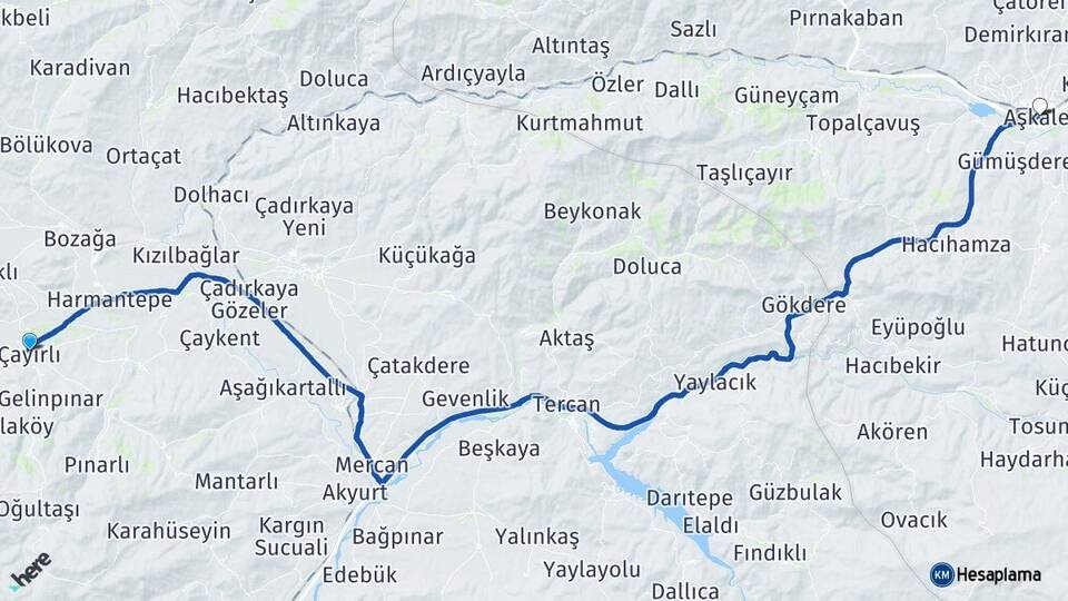Erzincan Çayırlı Aşkale Erzurum Arası Kaç Km - Yol Haritası