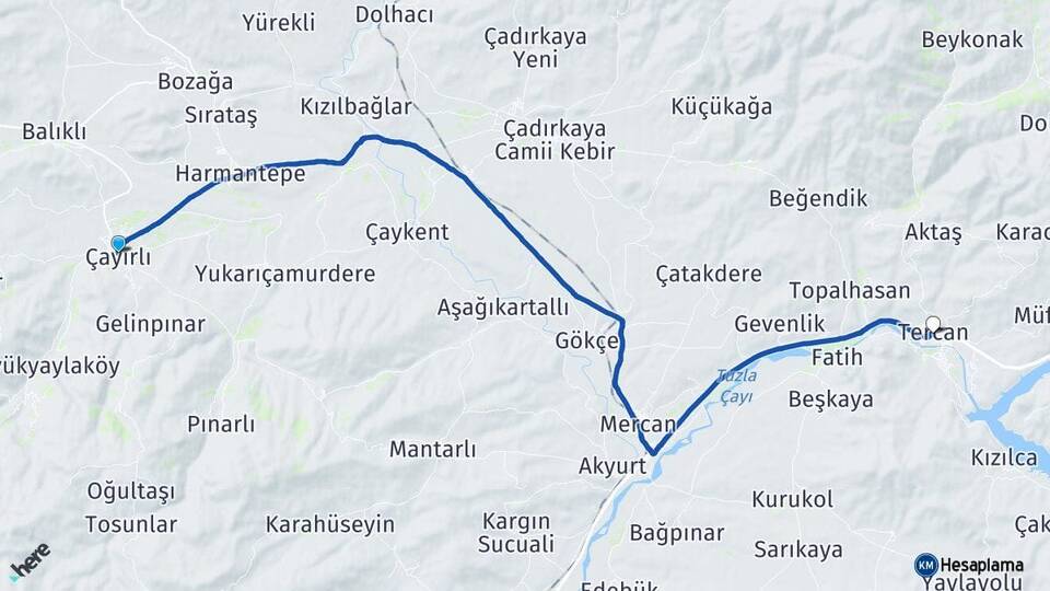Erzincan Çayırlı Tercan Arası Kaç Km - Yol Haritası