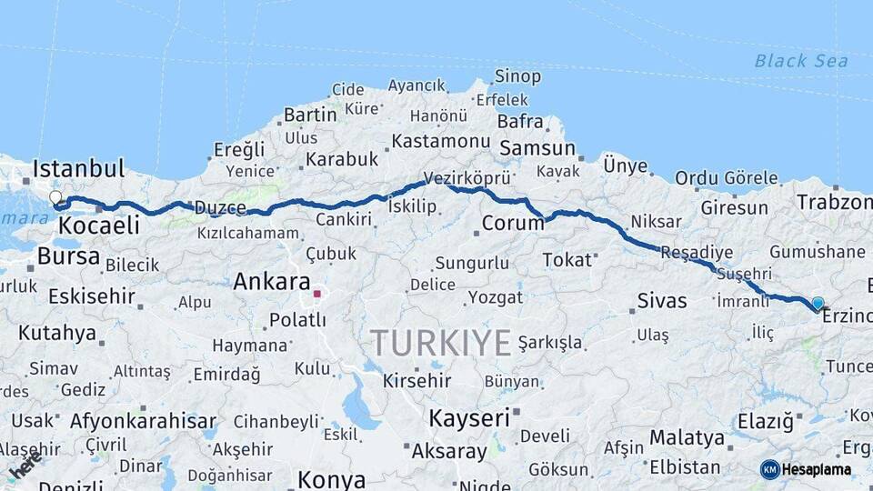 Erzincan Çayırova Kocaeli Arası Kaç Km - Yol Haritası