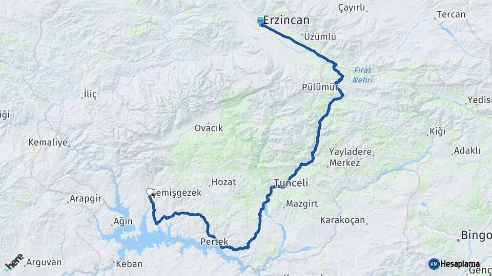 Erzincan Çemişgezek Tunceli Arası Kaç Km - Yol Haritası