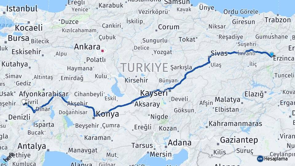 Erzincan Çivril Denizli Arası Kaç Km - Yol Haritası