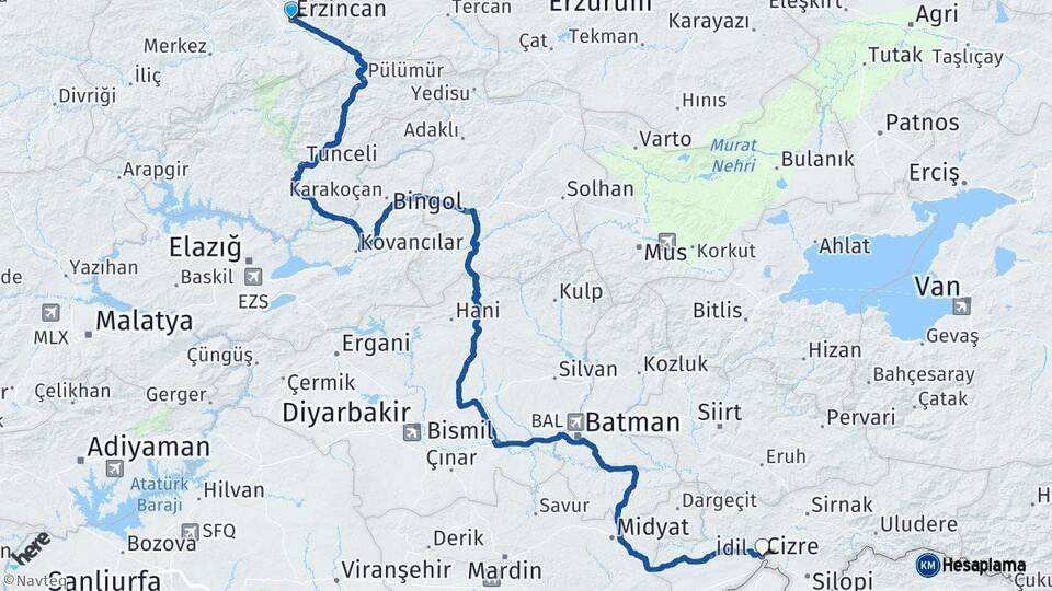 Erzincan Cizre Şırnak Arası Kaç Km - Yol Haritası