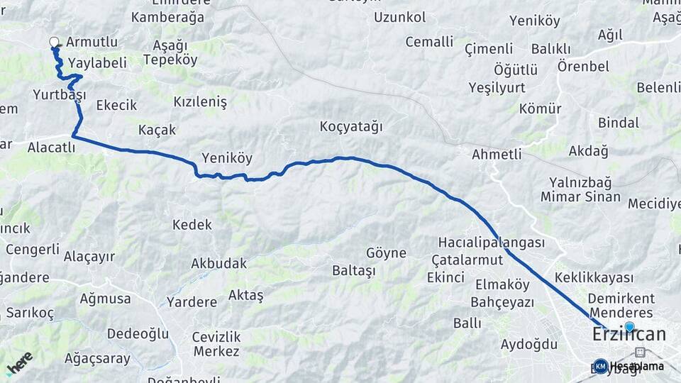 Erzincan Çukuryazı Refahiye Arası Kaç Km - Yol Haritası