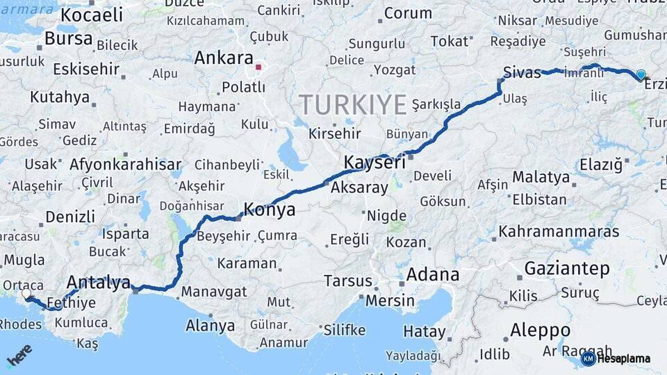 Erzincan Dalaman Muğla Arası Kaç Km - Yol Haritası