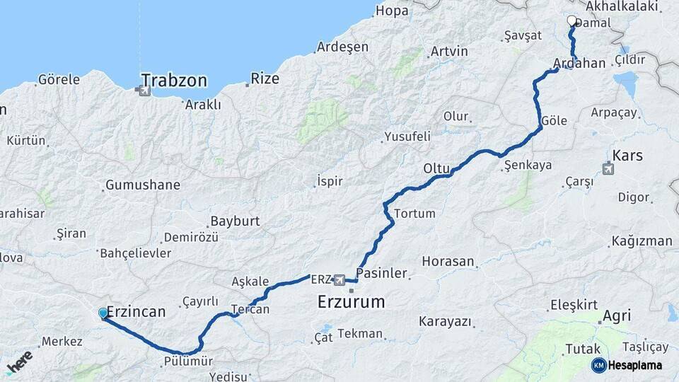 Erzincan Damal Ardahan Arası Kaç Km - Yol Haritası