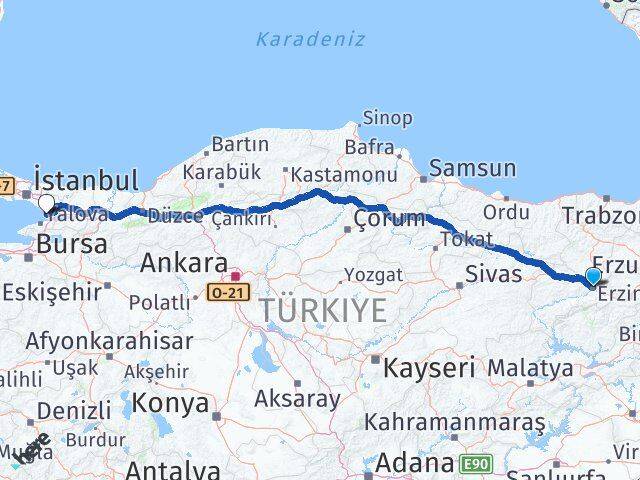 Erzincan Darıca Kocaeli Arası Kaç Km - Yol Haritası