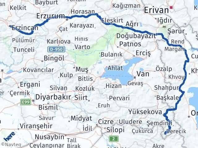 Erzincan Derecik Hakkari Arası Kaç Km - Yol Haritası