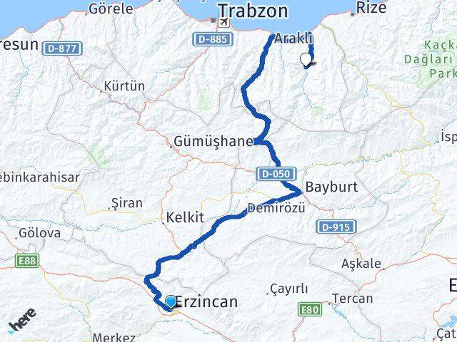 Erzincan Dernekpazarı Trabzon Arası Kaç Km - Yol Haritası