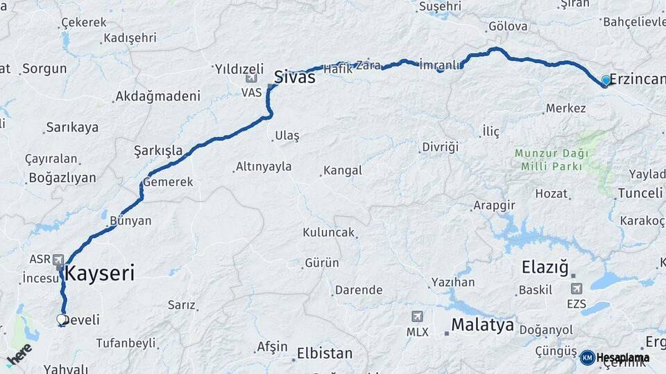 Erzincan Develi Kayseri Arası Kaç Km - Yol Haritası