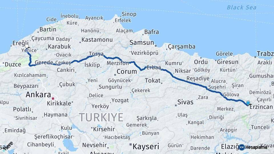 Erzincan Devrek Zonguldak Arası Kaç Km - Yol Haritası