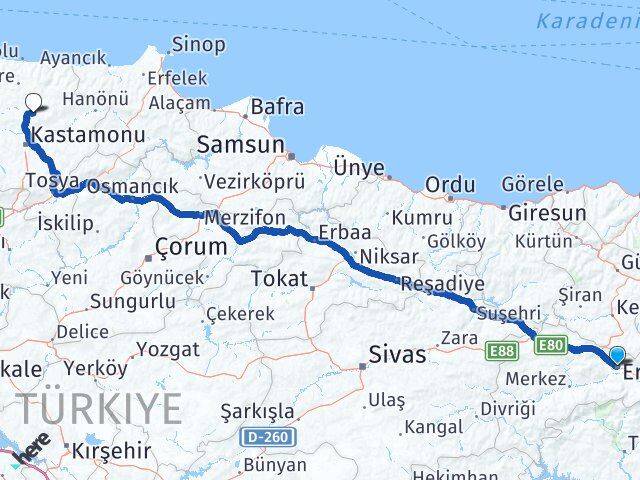 Erzincan Devrekani Kastamonu Arası Kaç Km - Yol Haritası