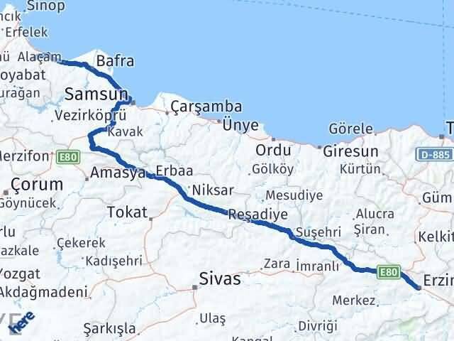 Erzincan Dikmen Sinop Arası Kaç Km - Yol Haritası