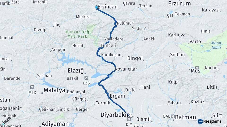 Erzincan Diyarbakır Arası Kaç Km - Yol Haritası