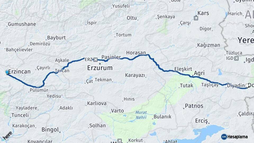 Erzincan Doğubayazıt Ağrı Arası Kaç Km - Yol Haritası