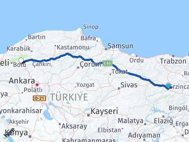 Erzincan Dörtdivan Bolu Arası Kaç Km - Yol Haritası