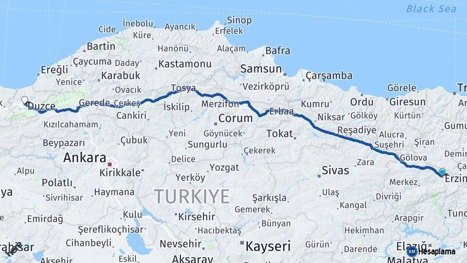 Erzincan Düzce Arası Kaç Km - Yol Haritası