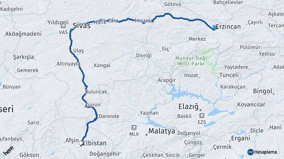 Erzincan Elbistan Kahramanmaraş Arası Kaç Km - Yol Haritası