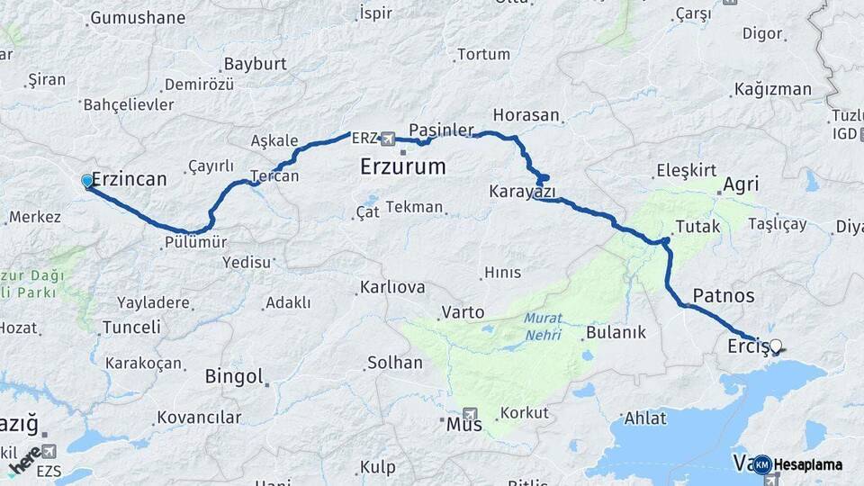 Erzincan Erciş Van Arası Kaç Km - Yol Haritası