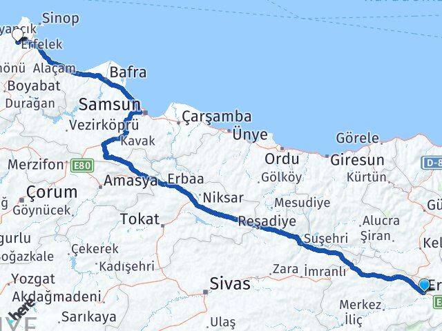 Erzincan Erfelek Sinop Arası Kaç Km - Yol Haritası