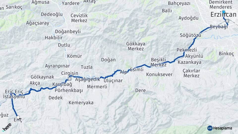 Erzincan Eriç Kemah Arası Kaç Km - Yol Haritası
