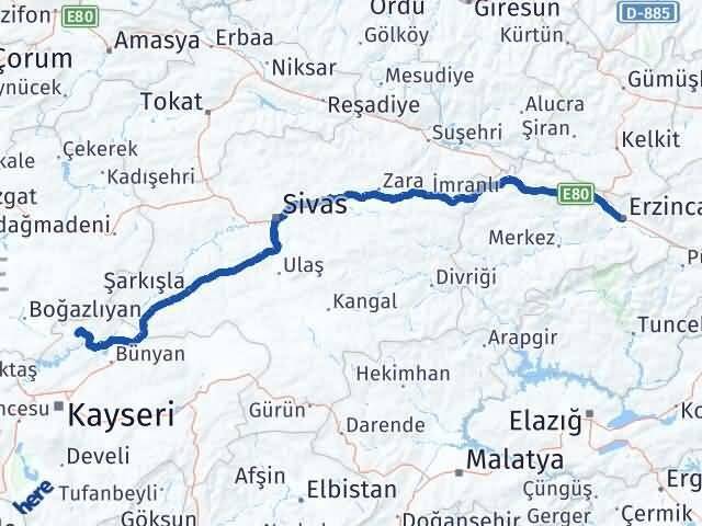 Erzincan Felahiye Kayseri Arası Kaç Km - Yol Haritası