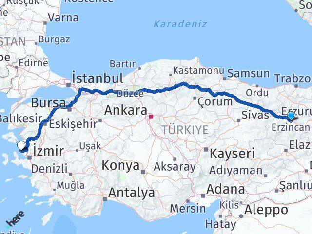 Erzincan Foça İzmir Arası Kaç Km - Yol Haritası
