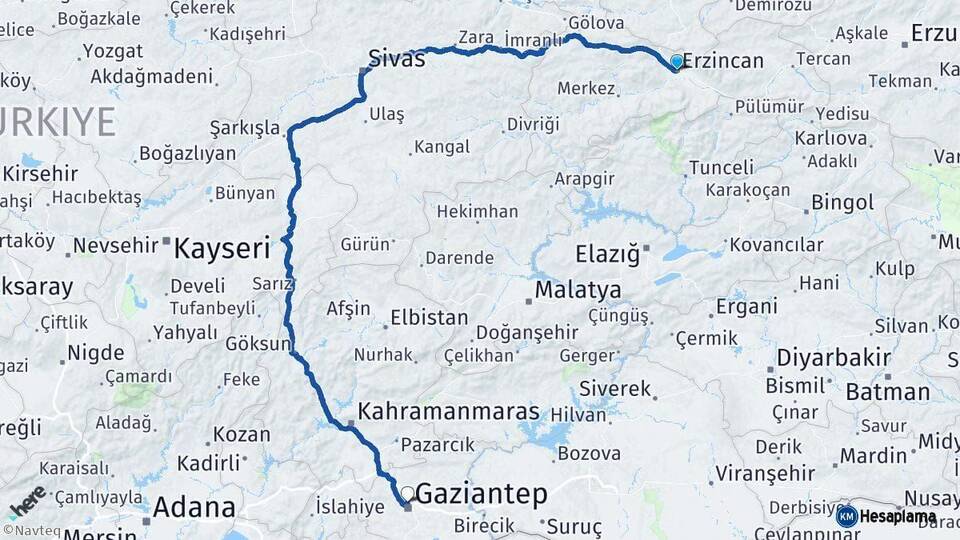 Erzincan Gaziantep Arası Kaç Km - Yol Haritası