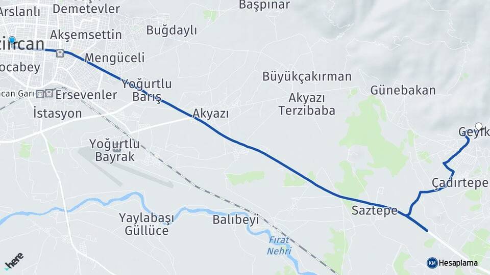 Erzincan Geyikli Üzümlü Arası Kaç Km - Yol Haritası