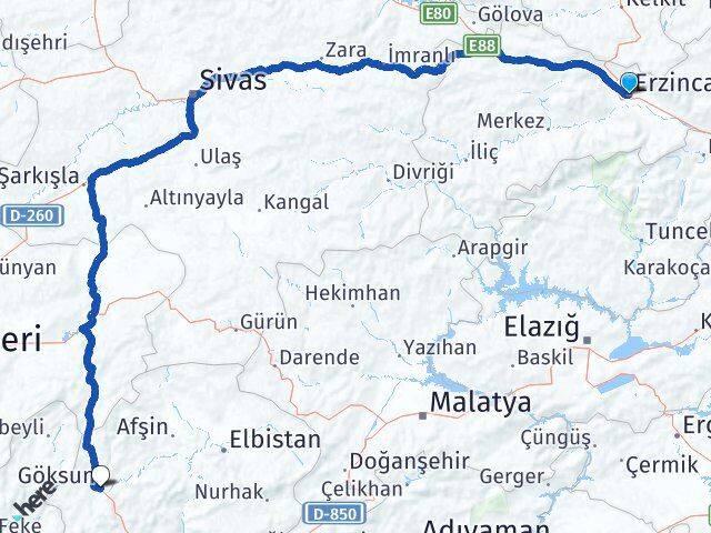 Erzincan Göksun Kahramanmaraş Arası Kaç Km - Yol Haritası