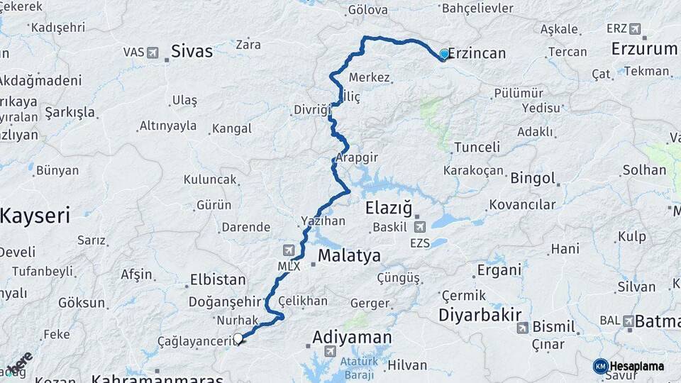 Erzincan Gölbaşı Adıyaman Arası Kaç Km - Yol Haritası