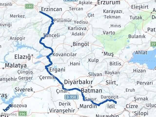 Erzincan Güçlükonak Şırnak Arası Kaç Km - Yol Haritası