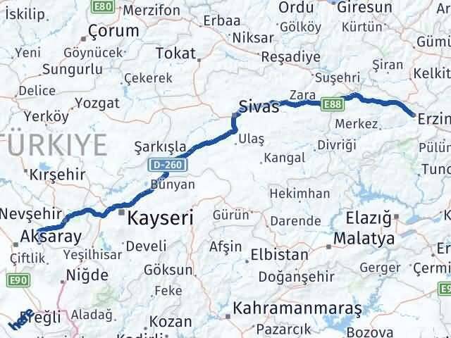 Erzincan Gülağaç Aksaray Arası Kaç Km - Yol Haritası