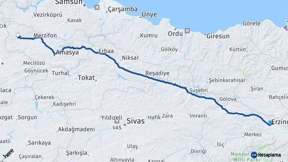 Erzincan Gümüşhacıköy Amasya Arası Kaç Km - Yol Haritası