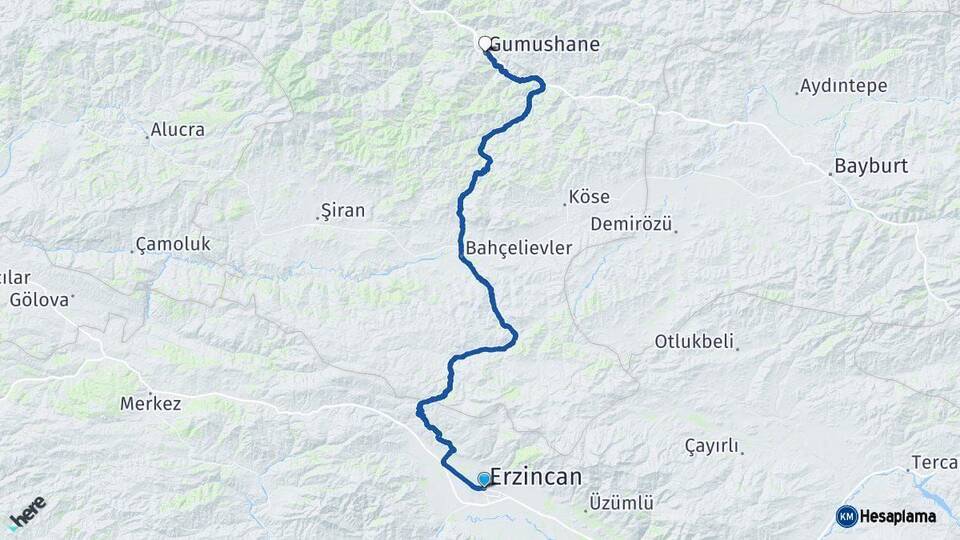 Erzincan Gümüşhane Arası Kaç Km - Yol Haritası