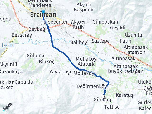 Erzincan Günbağı Arası Kaç Km - Yol Haritası
