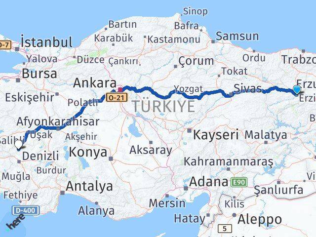 Erzincan Güney Denizli Arası Kaç Km - Yol Haritası