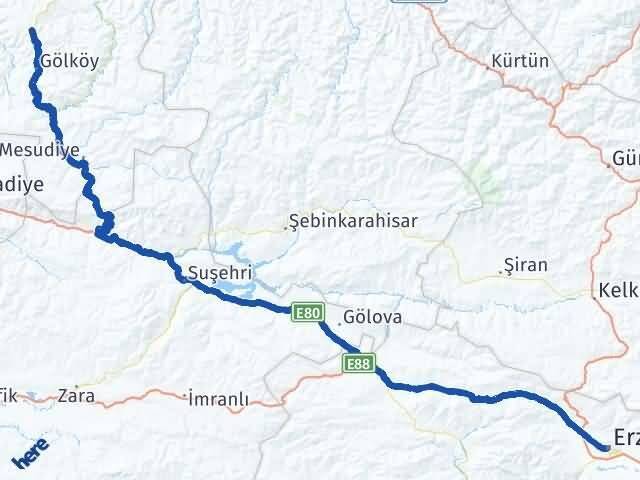 Erzincan Gürgentepe Ordu Arası Kaç Km - Yol Haritası