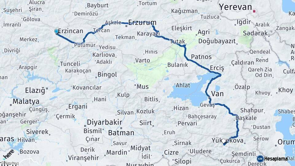 Erzincan Hakkari Arası Kaç Km - Yol Haritası