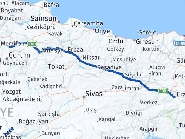 Erzincan Hamamözü Amasya Arası Kaç Km - Yol Haritası