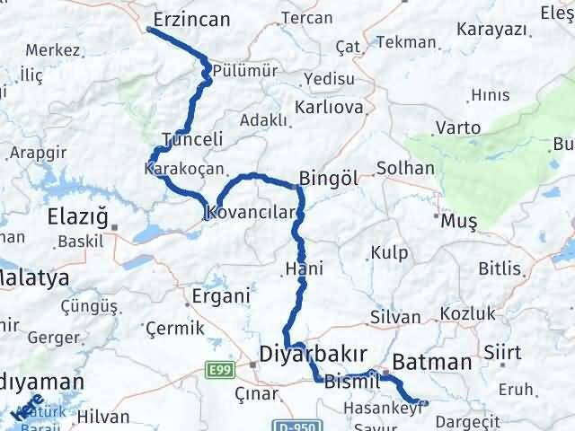 Erzincan Hasankeyf Batman Arası Kaç Km - Yol Haritası