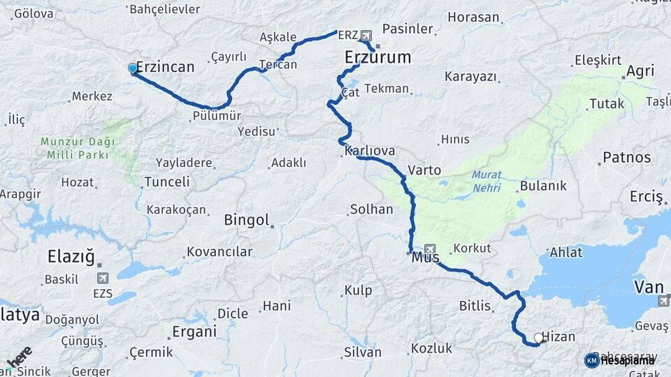 Erzincan Hizan Bitlis Arası Kaç Km - Yol Haritası