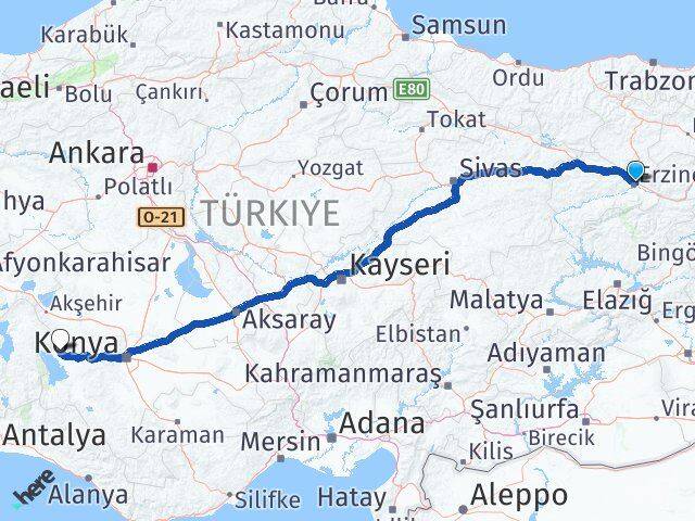 Erzincan Hüyük Konya Arası Kaç Km - Yol Haritası