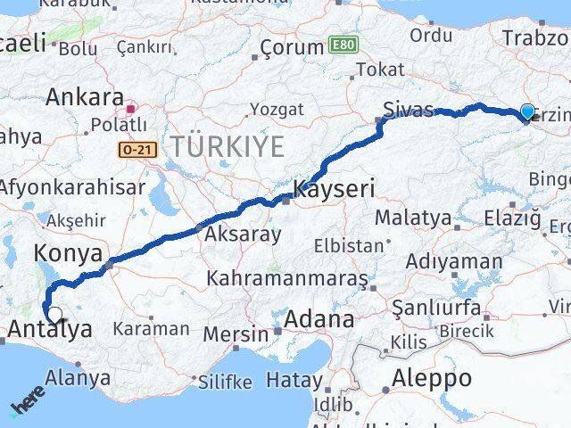 Erzincan İbradı Antalya Arası Kaç Km - Yol Haritası
