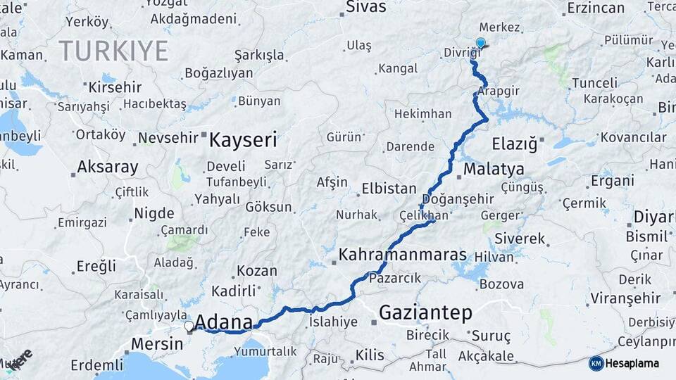 Erzincan İliç Adana Arası Kaç Km - Yol Haritası
