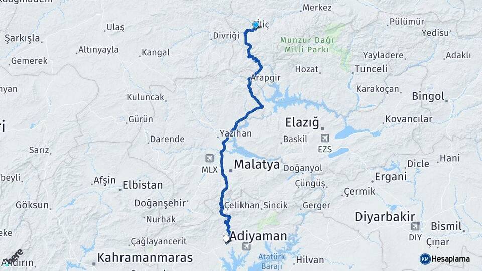 Erzincan İliç Adıyaman Arası Kaç Km - Yol Haritası