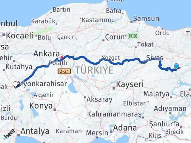 Erzincan İliç Afyonkarahisar Arası Kaç Km - Yol Haritası