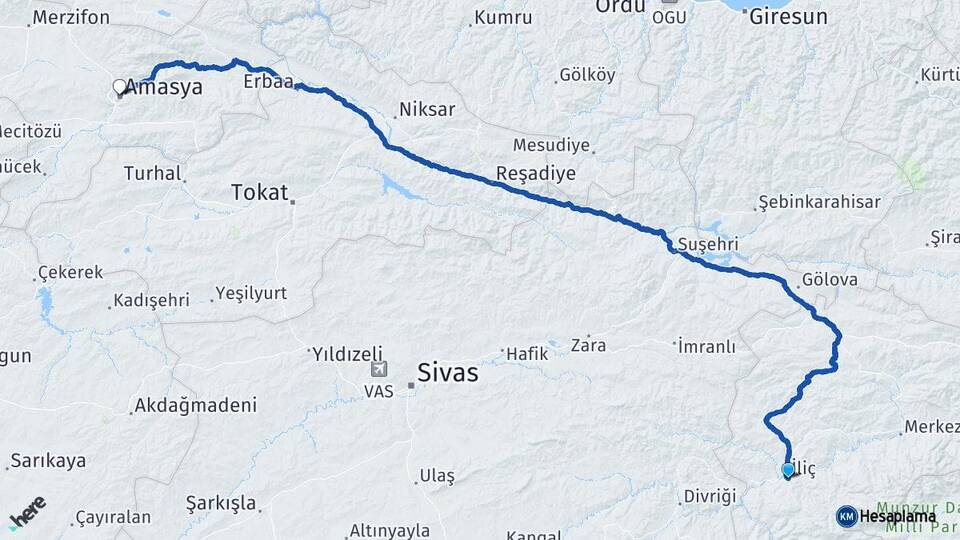 Erzincan İliç Amasya Arası Kaç Km - Yol Haritası