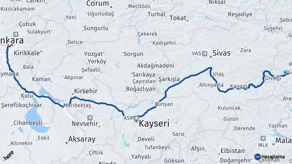 Erzincan İliç Ankara Arası Kaç Km - Yol Haritası