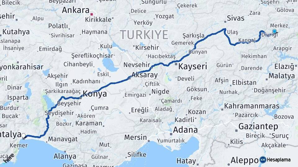 Erzincan İliç Antalya Arası Kaç Km - Yol Haritası