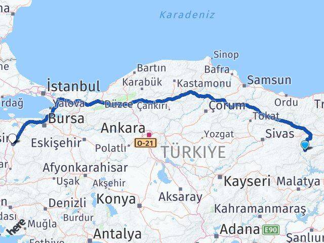 Erzincan İliç Balıkesir Arası Kaç Km - Yol Haritası